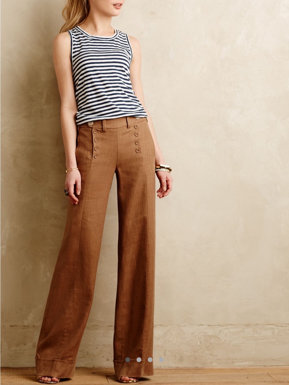 Anthropologie Elevenses Tailored Sailor Wide Leg Linen Blend Pants Honey Tan 12